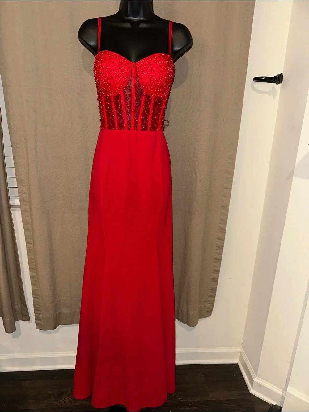 Red Beaded Corset Mermaid Evening Dress